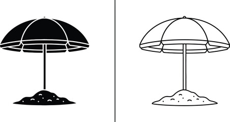 Umbrella Beach Parasol Design with Black and White Line Art Variations for Summer Vacation © Hridoy