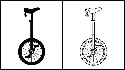 Unicycles Set with a Black Silhouette and an Outline Illustration of a Single-Wheeled Vehicle © Hridoy