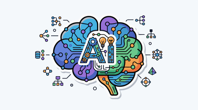 Stylized brain with circuits AI gears and data nodes