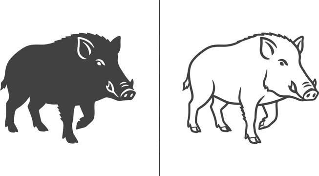 Wild Boar Icon Design with an Adult Hog in Solid Black and Outlined Vector Styles.