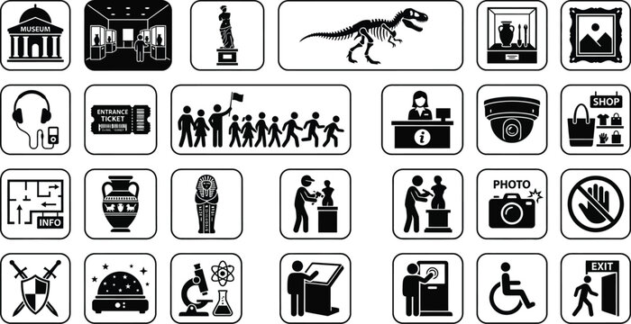Museum And Exhibit Icons On White Background Pictograms Representing Cultural And Scientific Displays information visitor security
