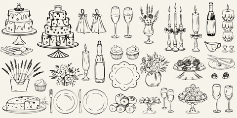 hand drawn culinary and party illustrations in black and white line art cakes desserts flowers champagne glasses plates cutlery food beverages © Tarun