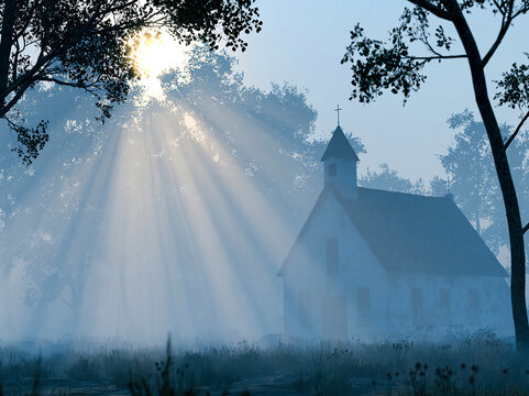 Sunbeams Through Mist at a Rural Chapel