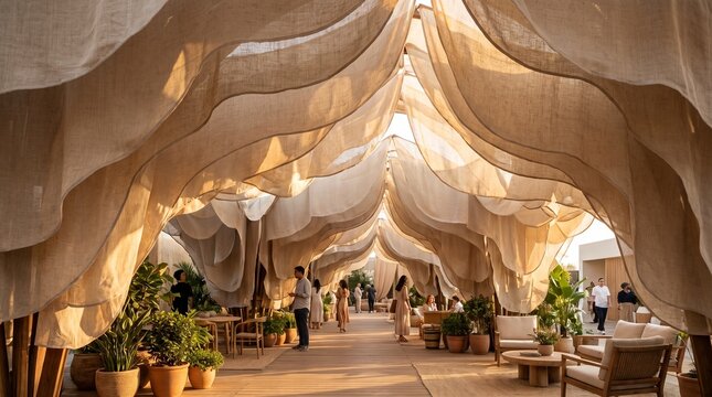 Elegant Wedding Pavilion Decorated with Draped Linen and String Lights in Soft Glow