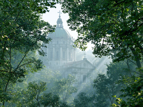 Sunbeams Through Trees Framing a Cathedral Dome