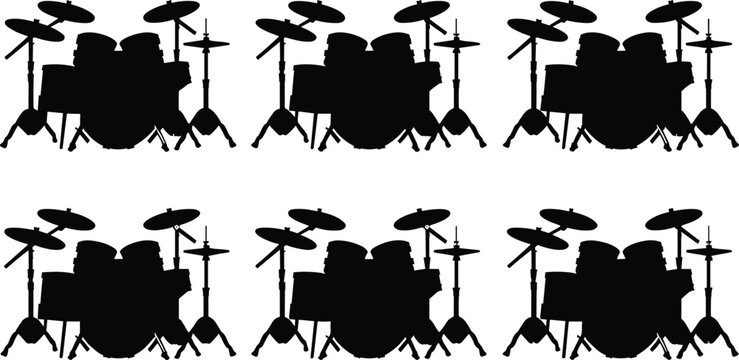 Acoustic drum set silhouette icons multiple repetition flat pattern layout vector elements collection for musical instrument branding