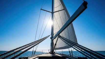 Fototapeta premium Sailing yacht mast and white sail under bright sun on open ocean