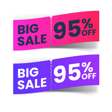 Two rectangular big sale 95 percent off discount coupons in vibrant pink and purple colors with dark borders isolated on a transparent background
