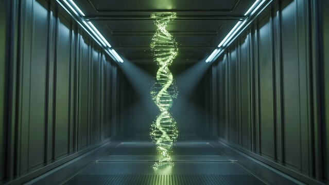 Futuristic data center corridor with glowing digital DNA strand and neon lighting