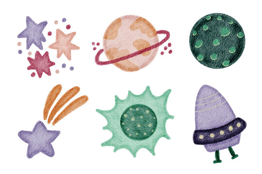 Cute Watercolor Planet and Space Elements Clipart Set with Stars, Ringed Planet and Rocket
