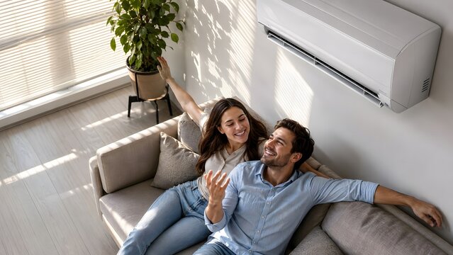 Woman and man resting on sofa at home under operating air conditioner. Couple enjoying cool fresh air in modern living room. Climate control for comfortable apartment temperature indoor.