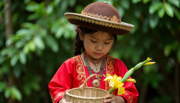 Little Girl in Traditional Peruvian Clothing Holding Basket and Flower