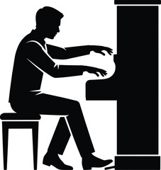 Pianist silhouette playing upright piano, male musician sitting on a stool and pressing keys to perform classical music melody and bench © MC Creative