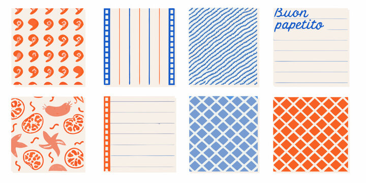 menu cards collection with playful patterns and text italian restaurant design illustration vector orange blue fruit lines dots diamonds handwritten notepad