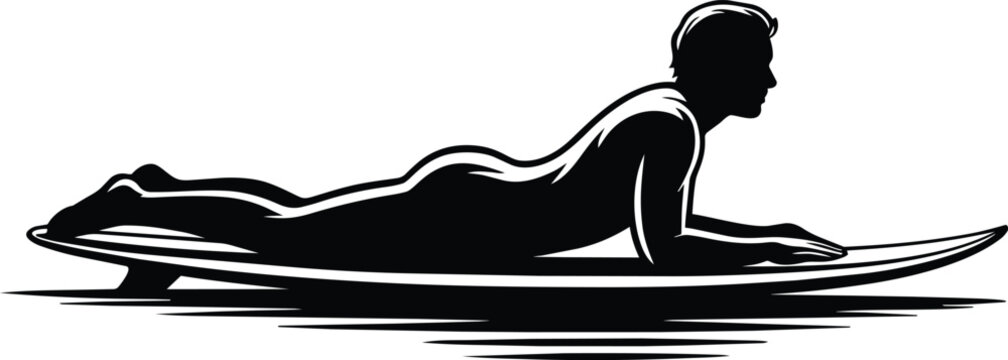 Surfer silhouette lying prone on a surfboard in the water, minimalist black stencil emblem representing surfing and summer activities and recreation