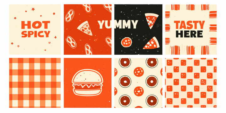 retro fast food pattern grid featuring pizza and burger vector illustration design menu restaurant icon slice hamburger donut checkered background orange