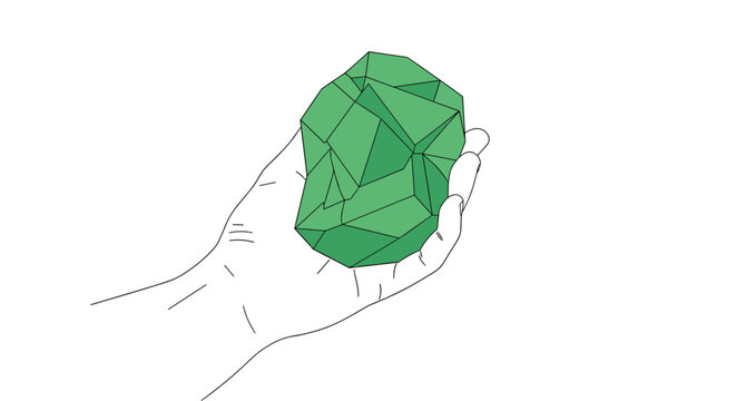 Hand holding a green geometric low-poly gemstone or rough mineral crystal vector outline illustration on white.