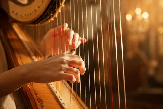 Close-up of harp strings being plucked with light glinting on the strings.