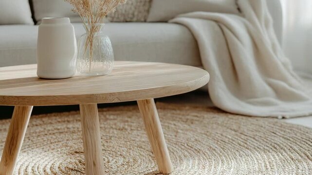 A wooden table sits in a living room with a soft rug and a couch in the background. A vase with dried plants rests on the table. Sunlight fills the space
