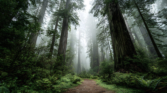 Misty forest path with tall trees and green foliage