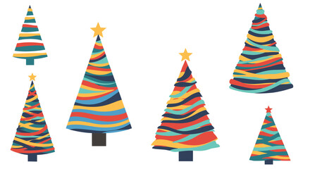 Obraz premium Modern stylized Christmas tree illustrations with colorful abstract stripes and stars on a plain white background.