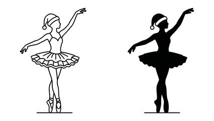 Christmas Ballerina Silhouette: A festive ballerina in a tutu and Santa hat performs a graceful ballet pose, shown in both line art and silhouette. © Hasna
