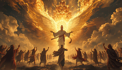 Obraz premium Angel descends from heaven with glowing wings as a crowd of people gathers in a field below him.