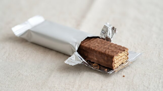Chocolate coated wafer bar in open silver foil wrapper