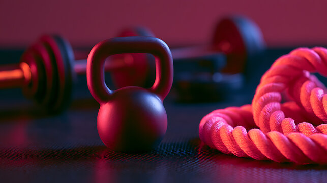 Dynamic studio shot of workout gear, including a kettlebell, dumbbell, and battle rope, bathed in vibrant red and blue neon light for fitness concept