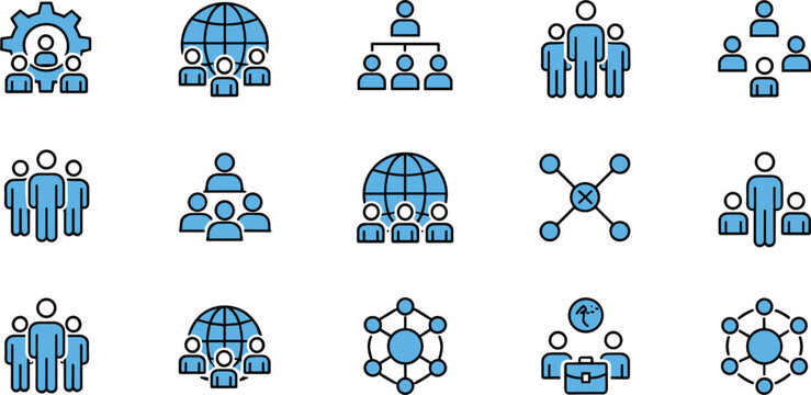 Blue business personnel line icons pack featuring corporate teamwork structure network hierarchy and global management user symbols