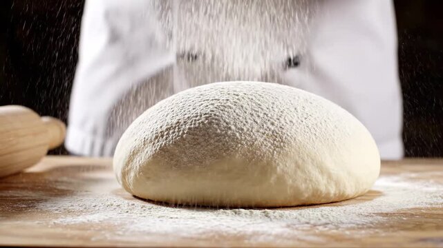 Professional Chef Sifting Flour over Fresh Bread Dough on Wooden Table, ideal for bakery commercials and culinary tutorials.