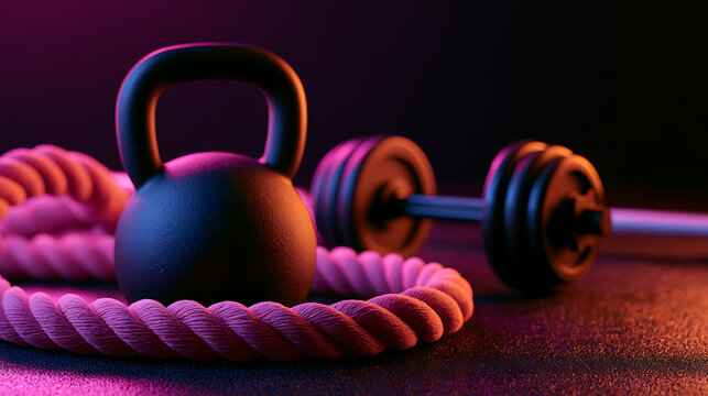 Dynamic fitness equipment setup with a kettlebell, battle rope, and barbell illuminated by vibrant neon lights on a dark background
