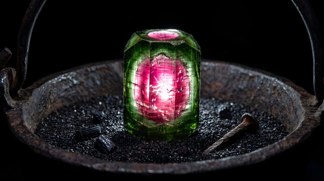 A large green and pink tourmaline gemstone on a rustic metal dish with small rocks and nails
