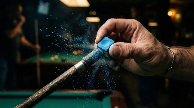 Hand applying blue chalk to a pool cue stick in a dimly lit billiard hall