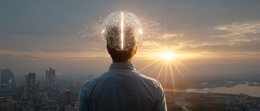 Mind's Horizon: A person stands overlooking a cityscape at sunrise, their head illuminated with a glowing, digital brain-like structure, symbolizing innovation and forward thinking.