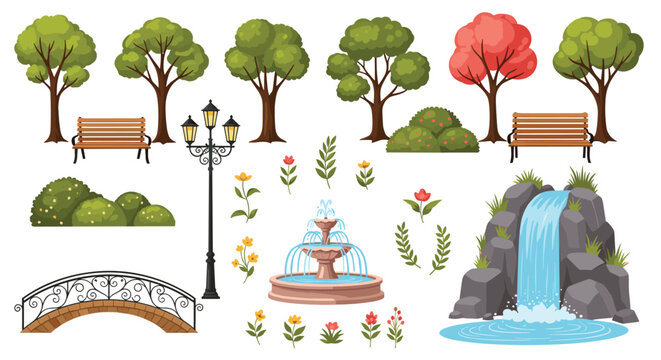 Beautiful city park elements set with trees, benches, street lamp, fountain, stone waterfall, and small bridge on white background.