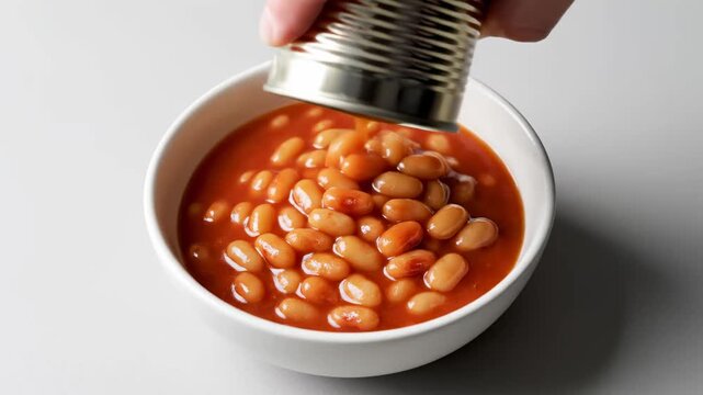 Pouring Baked Beans into a White Bowl, ideal for food blogs and cooking tutorials.