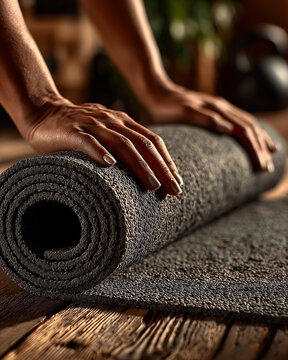 Woman unrolling yoga mat at home