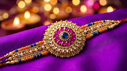 Fototapeta premium Intricate gold rakhi bracelet with ruby stones on a purple fabric background bracelet tradition festival background