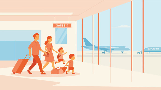 Family walking through airport terminal towards boarding gate with terminal vacation departure airplane children