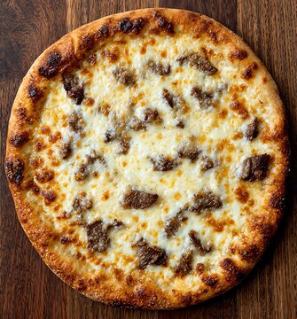 photo of a personal pie with a meat topping set on wooden background; pizza overhead view