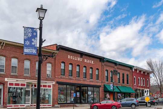 Bristol, VT, US-March 30, 2026;: Street scene in historic downtown of this small town with its quaint streets with 19th century brick buildings and trendy shops and restaurants.