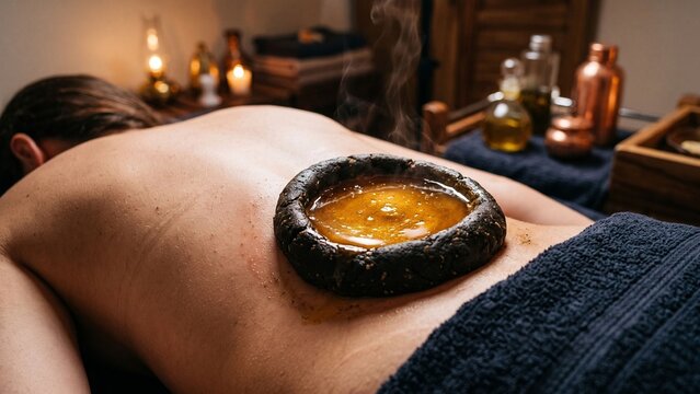 Kati vasti ayurvedic back pain oil treatment on lower back