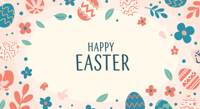 Colorful Easter card design featuring happy easter text surrounded by decorated eggs, spring flowers, and green leaves.