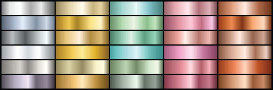 Metallic gradient swatches bundle containing luxury gold silver bronze chrome and rose gold foils for premium graphic designs