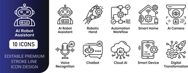 Obraz premium Generative AI line icon set featuring artificial intelligence, machine learning, chatbot, neural network, creativity, robot, and automation. Professional editable vector illustration eye catching
