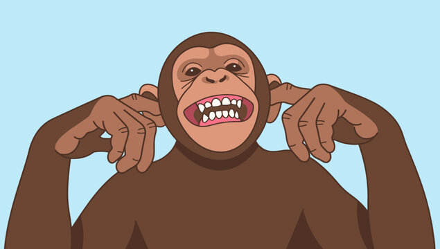 Funny Cartoon Chimpanzee Closing Ears with Fingers Hear No Evil Concept - Animals Vector Illustration