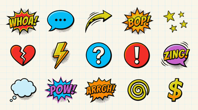 Comic book speech bubbles and sound effects.