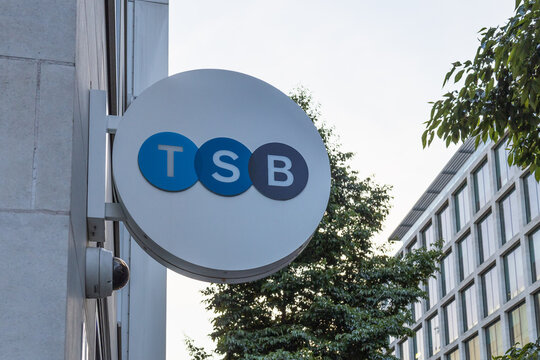 TSB bank sign on a building exterior in the city. London, UK, 21 July 2023