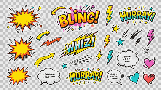 Colorful comic book style speech bubbles and exclamations.